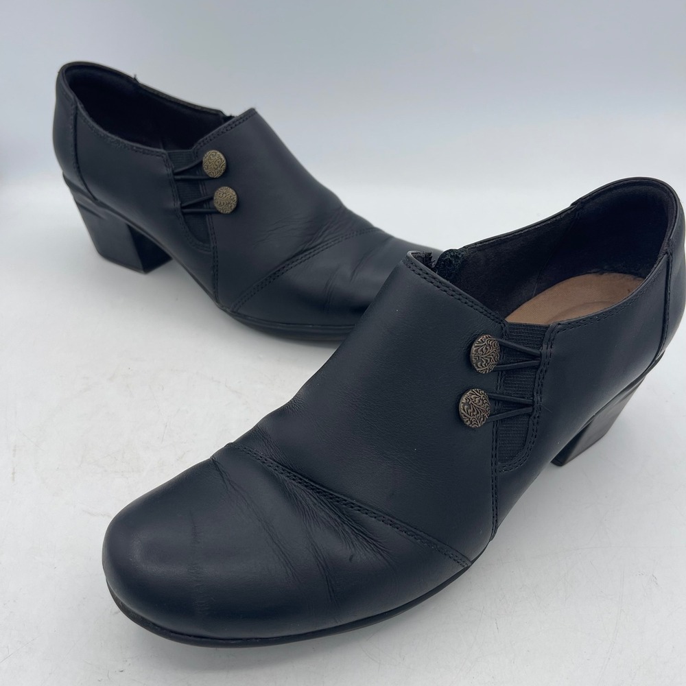 Clarks Collection Black Leather Button Zip Shooties Block Heel Womens 10 M